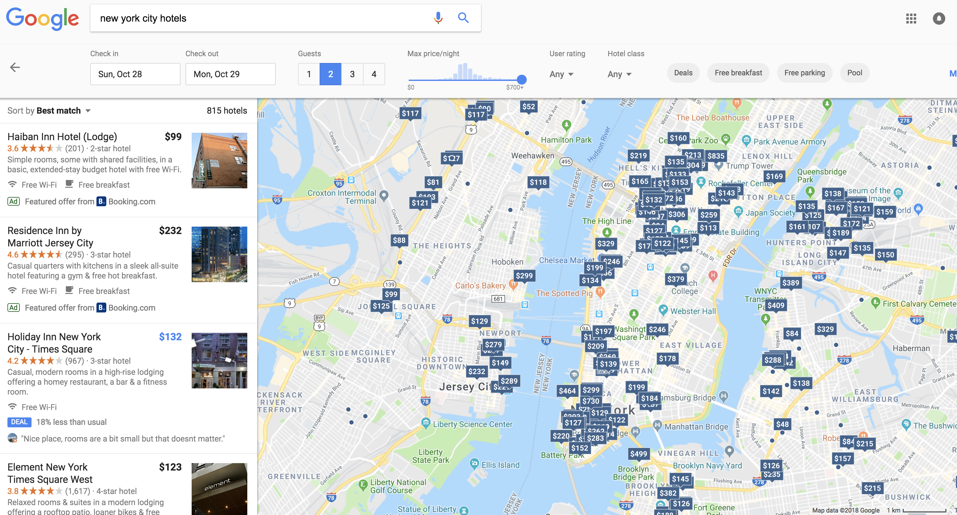 Current Version of Google's Hotel Search on Desktop