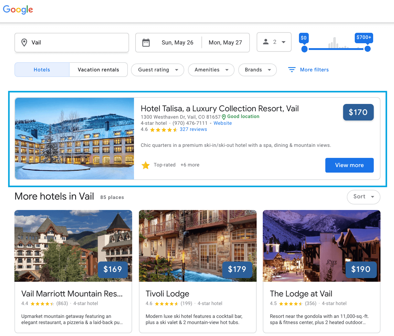 New Pinned Hotel Card on Google Hotel Search