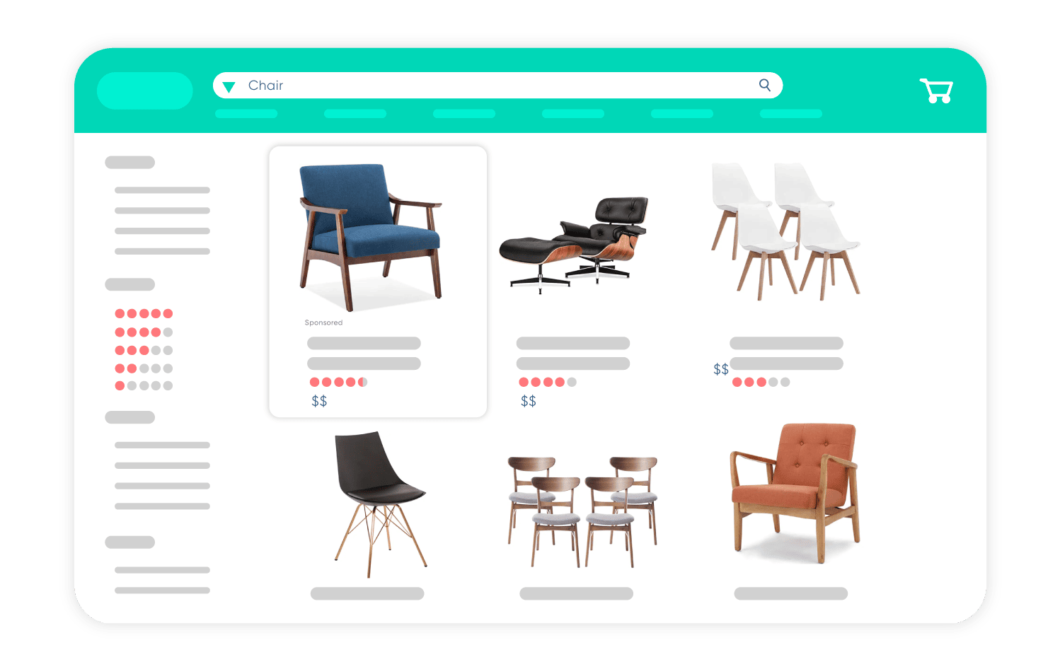 Digital storefront webpage with gray boxes for potential products